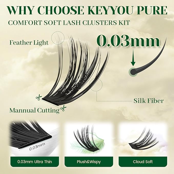 KEYYOU DIY Lash Extension Kit 300pcs 80D D Curl Soft Lash Clusters Easy to Apply with Lash Bond and Seal Applicator and Remover Eyelash Extension Kit at Home(RMkit-80D-D-9-18mix)
