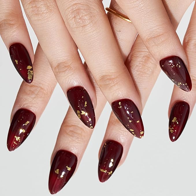 GLAMERMAID Burgundy Press on Nails Medium Almond, Deep Dark Red Glitter Hamdmade Gel False Nals, Stiletto Glue on Nails Kit for Women, Reusable Short Oval Emo Stick on Acrylic Fake Nails Manicure Set