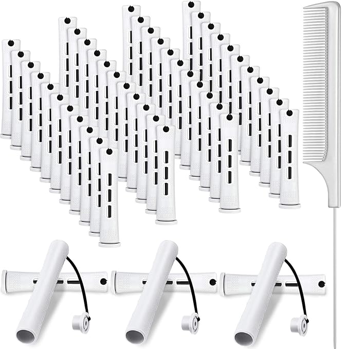 48 Pieces Hair Perm Rods Short Cold Wave Rods Plastic Perming Irons Hair Curling Rollers Curlers with Steel Pintail Comb Rat Tail Comb for Hairdressing Styling Supplies(0.63 Inch,White)