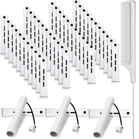 48 Pieces Hair Perm Rods Short Cold Wave Rods Plastic Perming Irons Hair Curling Rollers Curlers with Steel Pintail Comb Rat Tail Comb for Hairdressing Styling Supplies(0.63 Inch,White)