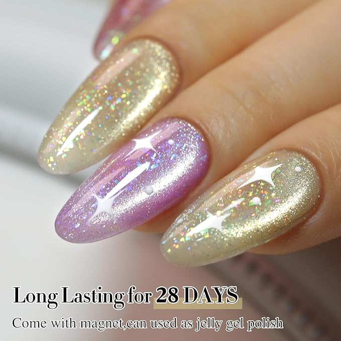 Double Rhythm 0.5 OZ Cat Eye Gel Polish with Magnet 15ML Holographic Glitter Shimmer Translucent Jelly Color Magnetic Nail Polish Salon DIY at Home (MC1060)