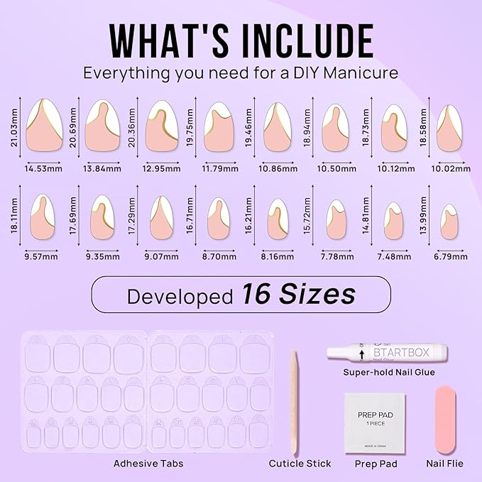 BTArtbox Press On Nails Almond - Designed White French Tip Press On Nails Short with Gold Foil, Glue On Nails for Winter Day Gifts, Stick On Nails in 16 Sizes - 30 Nail Kit, Tiny Gloden