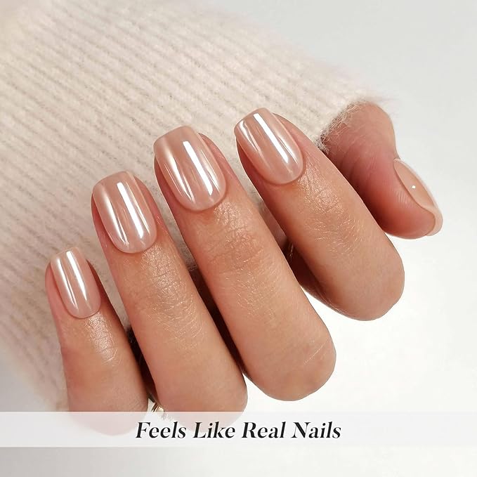 SHANGMENG Nude Chrome Press on Nails Square - Soft Gel Short Press on Nails for Women Gift, Fit Perfectly & Natural Glue on Nails in16 Sizes - 32 Reusable Fake Nails with Glue, Aurora Nude
