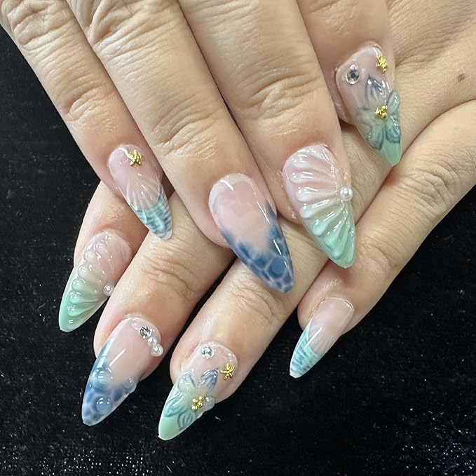 JONKASIPA 24 Pcs French Press On Nails, Medium Length Almond Shape Fake Nails, 3D Flower Nail Decoration Full Coverage Blue Patch Nails Artificial Nails For Women
