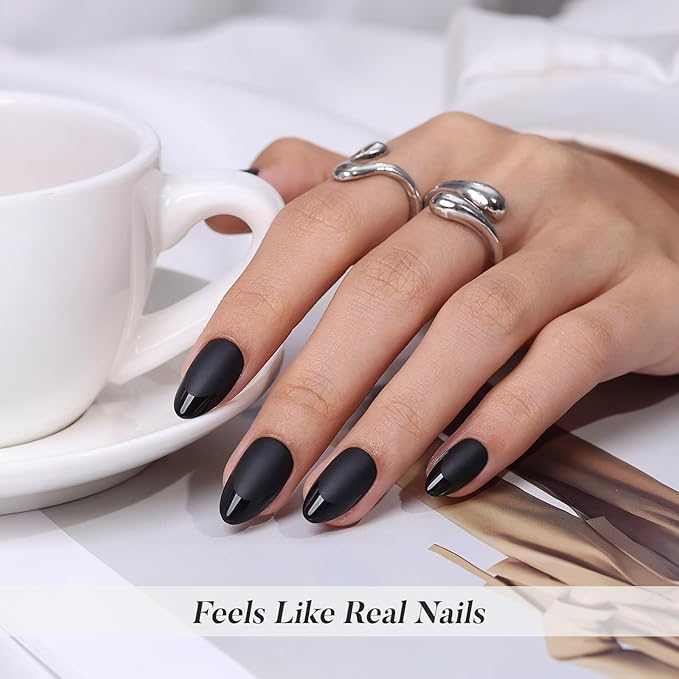 SHANGMENG Soft Gel Black Press on Nails Almond - Short Nails with Glossy French Tips in a Matte Finish, Stick on Nails with Glue in 16 Sizes - 32 Reusable Fake Nails for Women, Matte Black