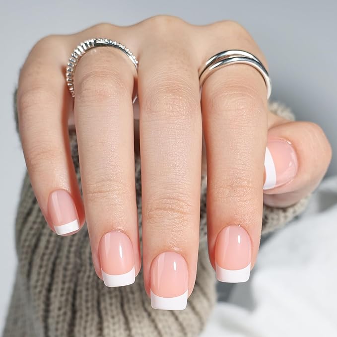 Leefrei French Tip Press On Nails, Short Square Press on Nails White Nails Press Ons for Women Fake Nails with Glue, Glossy Reusable Glue on Nail in 15 Sizes - 30pcs, Porcelain French