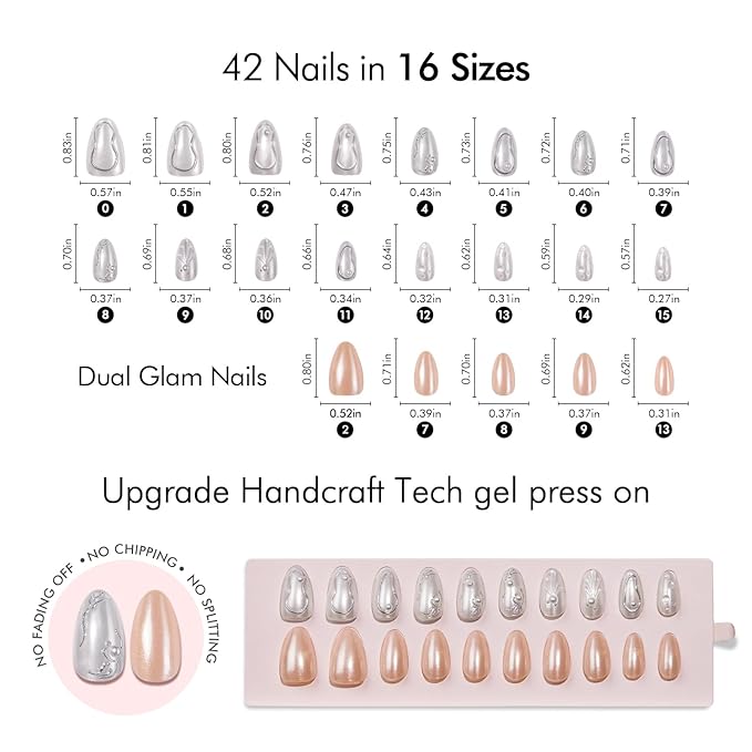 VSALON Press-On Nails Short Almond - 42 PCS Pearl White 3D Metallic Fake Nails for Women, 32 Main Nails in 16 Sizes &10 Champagne Alternative Nails - Reusable Glue on Nails Set with Tool Kit