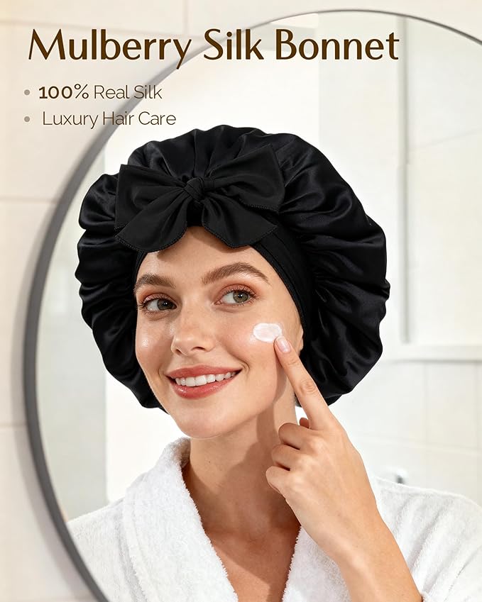 YANIBEST 22 Momme 100% Mulberry Silk Bonnet for Sleeping Women Double Layer Sleep Bonnet with Tie Band, Sleep Cap