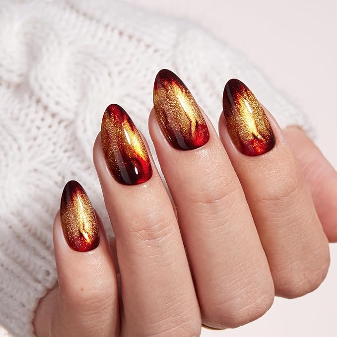 VSALON Press on Nails Short Almond - Golden Spakly Cat Eye Glitter Flame Design, Reusable Opaque Gel Magnetic Effect Fake Nails with Glue & Cuticle Oil - 32 PCS in 16 Sizes Valentines Gift for Women
