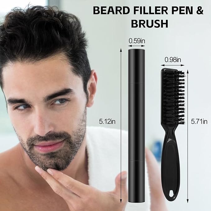 GEUUFEA Beard Pencil Filler for Men, Double Head 4 Forks Grooming Beard Pen, Fast Fill Thin Beard, Water & Sweat Resistant, Long-Lasting Black Beard Shaping Kit, Creates a Naturally Thicker Beard