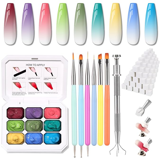 Karroy Christmas Gel Polish, 9 Colors Ombre Patting Gel Nail Polish Palette, 100 Sponges 6 Brushes 1Grabber, Blending Color Gradient Painting Nails Art, No Wipe, UV/LED Cured (Set 09)