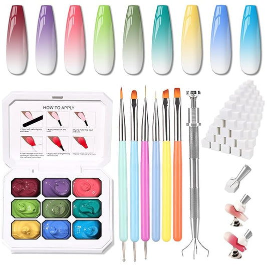 Karroy Christmas Gel Polish, 9 Colors Ombre Patting Gel Nail Polish Palette, 100 Sponges 6 Brushes 1Grabber, Blending Color Gradient Painting Nails Art, No Wipe, UV/LED Cured (Set 09)