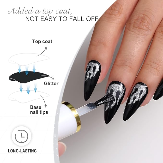 morily Black Press on Stiletto Nails Medium Length Glossy Fake Nails with Fire Pattern Design Acrylic Stick on Nails Long Full Cover Artificial False Nails Manicure for Women (Black Flame)