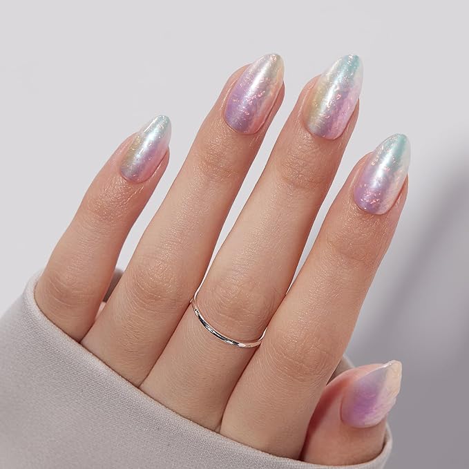 VSALON Press on Nails Medium Almond - Colorful Sfumato Golden Foil Nails Kit for Women, Reusable Opaque Soft Gel Fake Nails with Glue & Cuticle Oil - 32 PCS Glue On Nails in 16 Sizes (Mermaid)