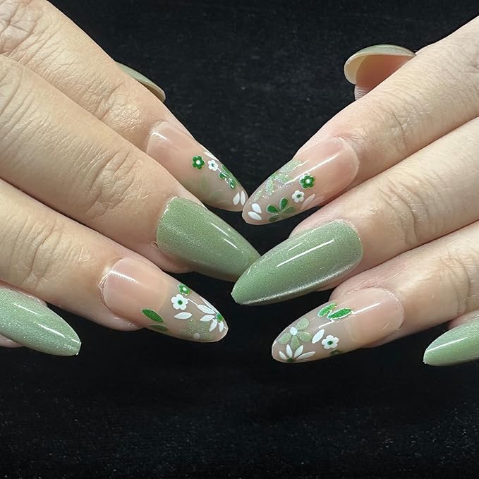 JONKASIPA 24 Pcs Almond Shape Press-On Nails Spring Cute Acrylic Nails, Artificial Gloss Full Coverage Light Green Fake Nails for Women and Girls Nail Decoration