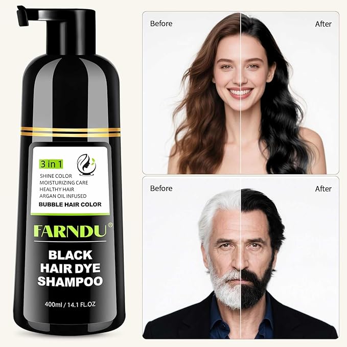 Farndu Black Hair Dye Shampoo- Gray Coverage, Herbal Natural 3 in 1 Hair Color Shampoo for Men & Women