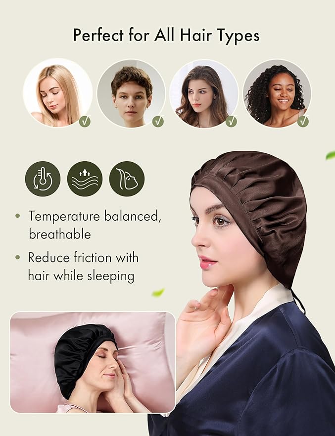 LilySilk 100% Mulberry Silk Bonnet Flat Front Silk Night Sleep Cap Adjustable Hair Wrap for Sleeping, Dark Brown
