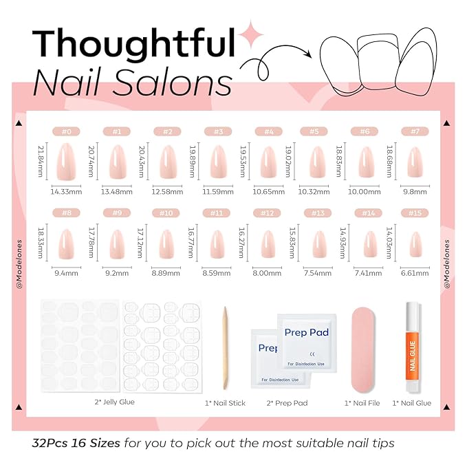 Modelones 32Pcs Nude Pink Press on Nails Almond, Valentine's Day Pearl Chrome Short Almond Fake Nails, Reusable Nail Kit with Nail Glue Adhesive Tabs Mini Nail File, Nails Press Ons 16 Sizes
