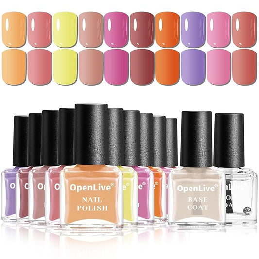 OpenLive Fall Maple Leaf Nail Polish Set -12 Colors Orange Purple Yellow Nude Pink Nail Polish Set With Base Coat and Top Coat Quick Dry Long Lasting Color Nail Polish for Holiday Gift Giving