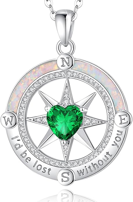 FANCIME Compass Necklace for Women Sterling Silver Compass Jewelry Opal Pendant Fine Jewelry Gemstone Birthday Christmas Gifts for Wife