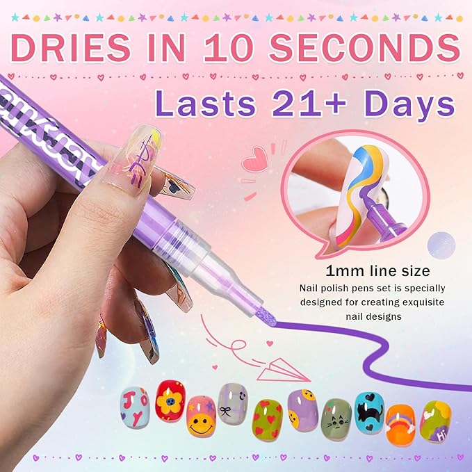 IONSGAKO 12 Colors Nail Art Pens Set, Nail Polish Pens for Nail Art Quick Drying 3D Acrylic Paint Markers for Painting Dotting Liner Pen Nail Salon DIY Design Kit