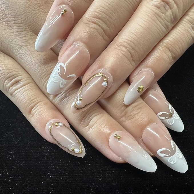 JONKASIPA White Flower Embossed Nail Stickers - Medium Almond Shape Fake Nails Glossy Glue Nail Stickers 3D Gold Line Acrylic Nails French Fingertip Adhesive Fake Nails, DIY Set 24 Pcs