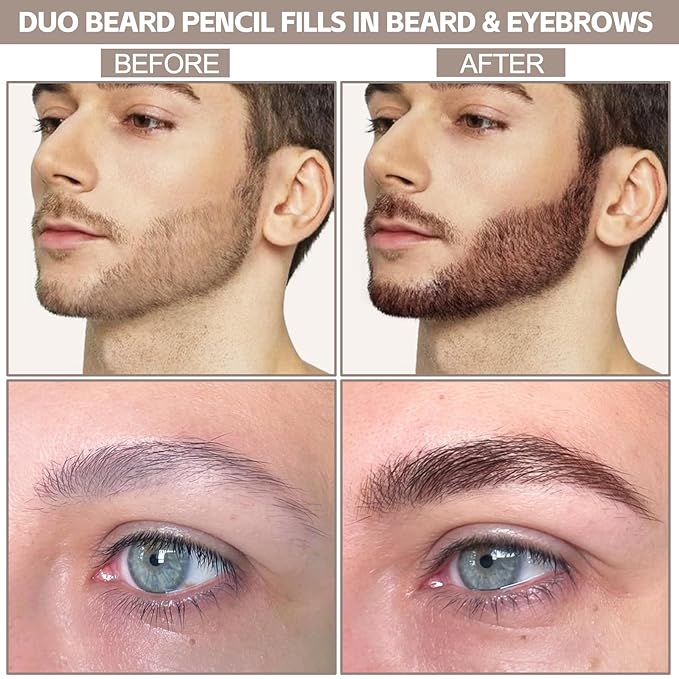 GEUUFEA Beard Pencil Filler for Men, Double Head 4 Forks Grooming Beard Pen, Fast Fill Thin Beard, Water & Sweat Resistant, Long-Lasting Black Beard Shaping Kit, Creates a Naturally Thicker Beard