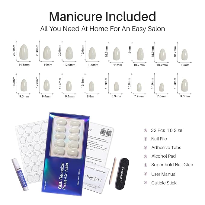 SHANGMENG White Press on Nails Short - Soft Gel Almond Press on Nails for Women Gift, Fit Perfectly & Natural Glue on Nails in 16 Sizes - 32 Reusable Fake Nails with Glue, Milky White