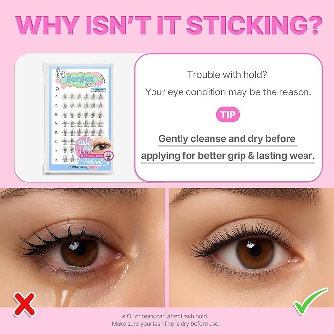 CLIONE PRIME Korean Self Adhesive Lash Clusters Dramatic Look No Glue Press On Pre Bond Lash Clusters Fluffy Self Adhesive False Eyelashes No Glue Needed Reusable Wispy Eyelash Extensions