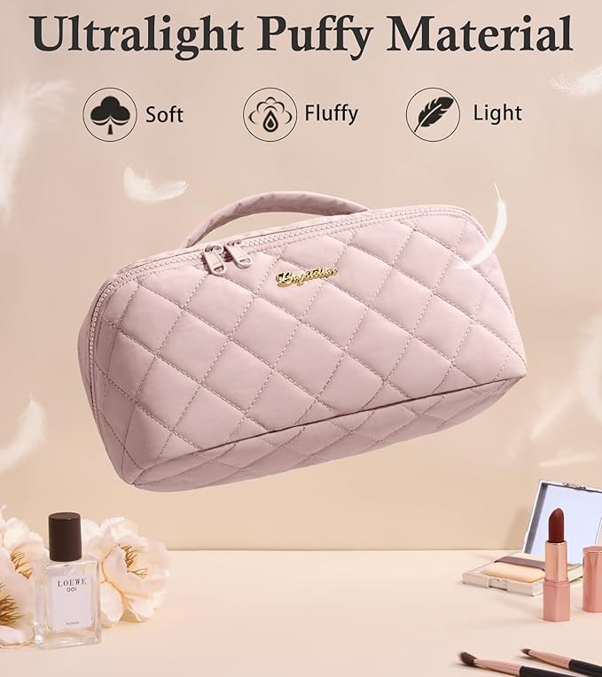 Travel Makeup Bag, 3 Pcs Large Capacity Puffy Toiletry Bag for Women, Open Flat Make up Cosmetic Organizer w/Handle & Clear Divider Water-resistant Portable Pouch Travel Essentials, L-Pink Rose