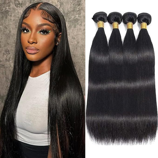 12A Straight 4 Bundles Human Hair 22 24 26 28 Inch, 400g/Pack Brazilian Virgin Straight Hair Bundles Human Hair Bundles for Black Woman,Double Weft Quick Weave Extensions