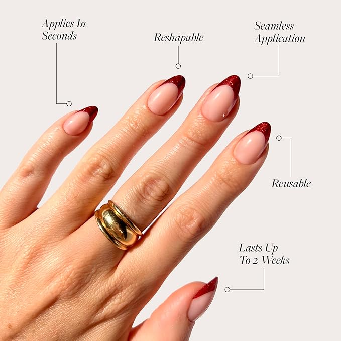 Glamnetic Press On Nails - Red Affair | Short Almond Red Glitter French Tip Nails with a Glossy Finish | 15 Sizes - 30 Nail Kit with Glue