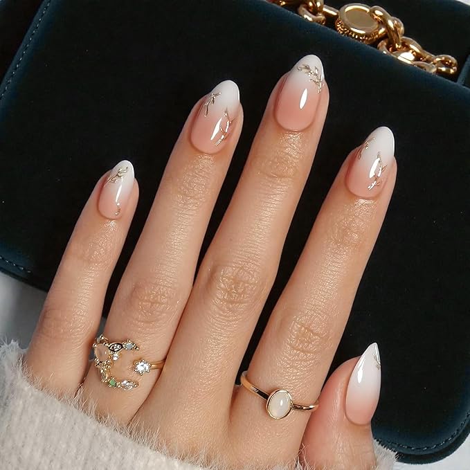 RPNZL Press On Nails - Athena | Ombre French Tip With 3D Gold Design, UV Finish Medium Almond Nails, Salon Quality | 32 Nails, 16 Sizes Kit with Glue and Adhesive Tabs I Female Founded