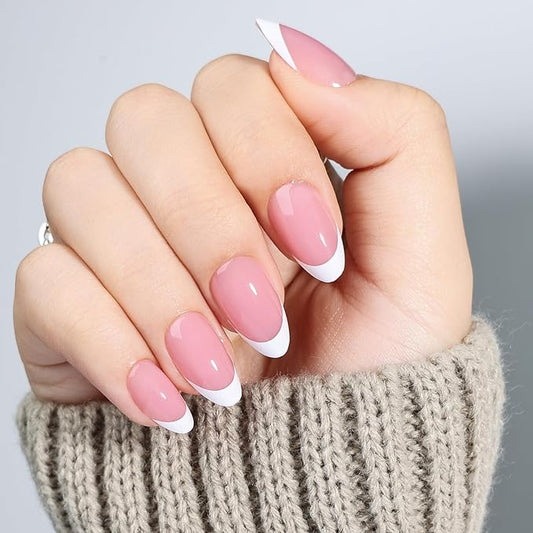 Leefrei French Tip Press on Nails - Pink Short Almond Press on Nails, Glossy Fake Nails Reusable Nails Press ons for Women, 32 Pieces in 16 Sizes False Nails Kit with Glue, Petal Milk