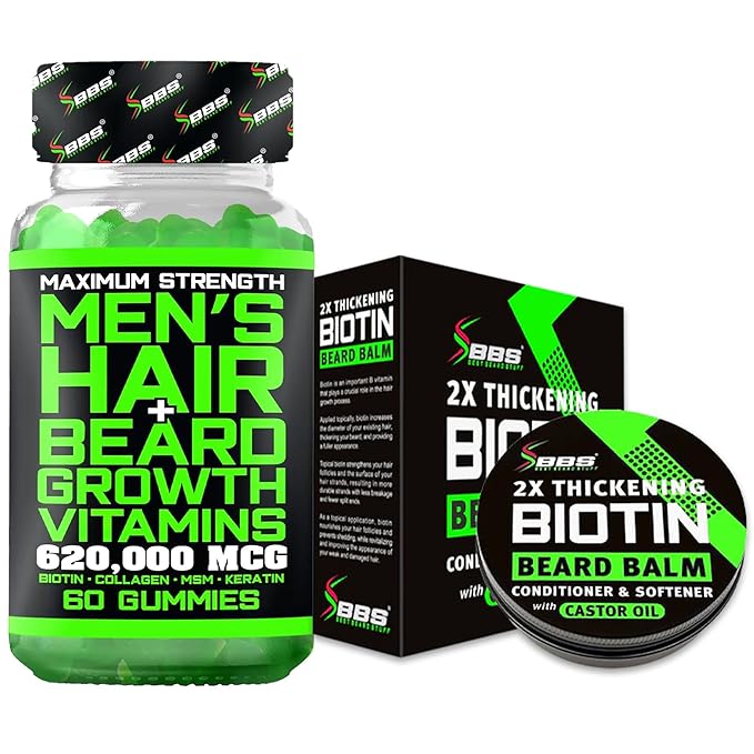 Biotin Beard Balm + Biotin Gummies – Beard Growth Kit with Conditioner & Softener for Fuller Thicker Beard & Hair – 620,000mcg Biotin, Collagen, MSM & Keratin for Healthy Hair Growth