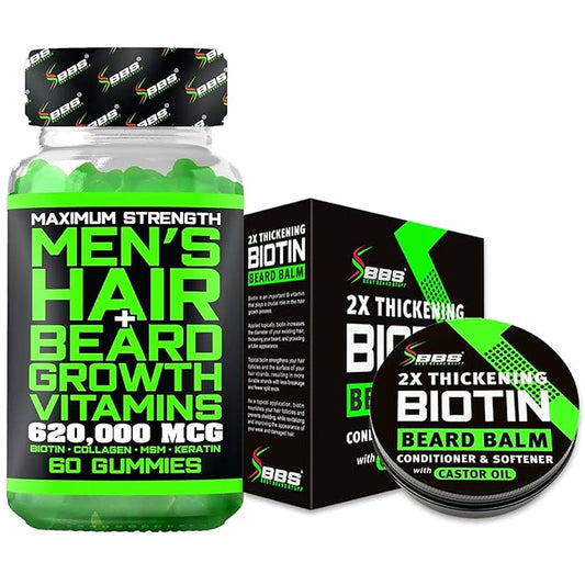 Biotin Beard Balm + Biotin Gummies – Beard Growth Kit with Conditioner & Softener for Fuller Thicker Beard & Hair – 620,000mcg Biotin, Collagen, MSM & Keratin for Healthy Hair Growth
