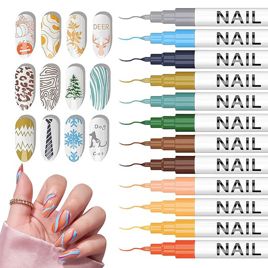 MKNZOME 12 Color Nail Art Pens for Painting Nails, 0.7 MM Nail Polish Pens Drawing Point Liner Acrylic Painted Pen Kit, Waterproof Quick-drying for DIY Design Manicure Tools Christmas Gifts