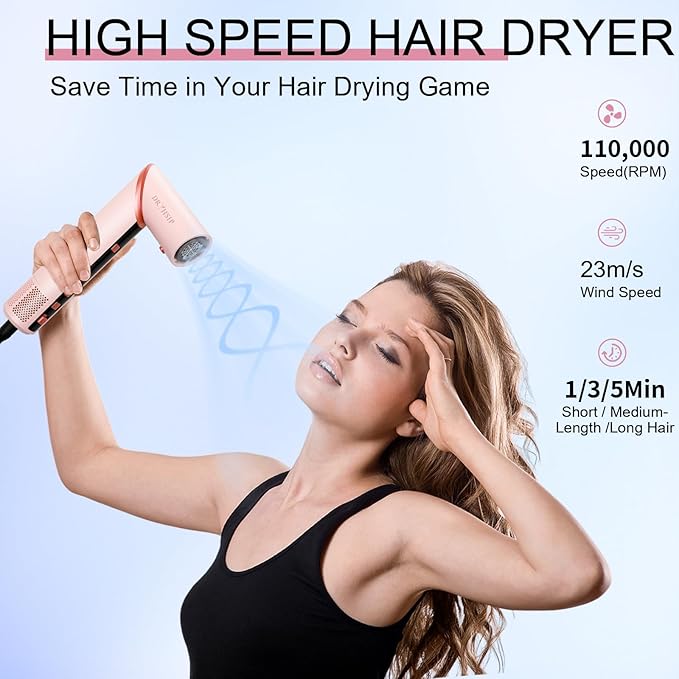 9 in 1 Hair Styler & Air Dryer Brush Curler, 110,000 RPM High-Speed Negative Ionic Foldable Hair Dryer Fast Drying, Multi Professional Hot air Styler for Curling Volumizing Straightening Styling(Pink)