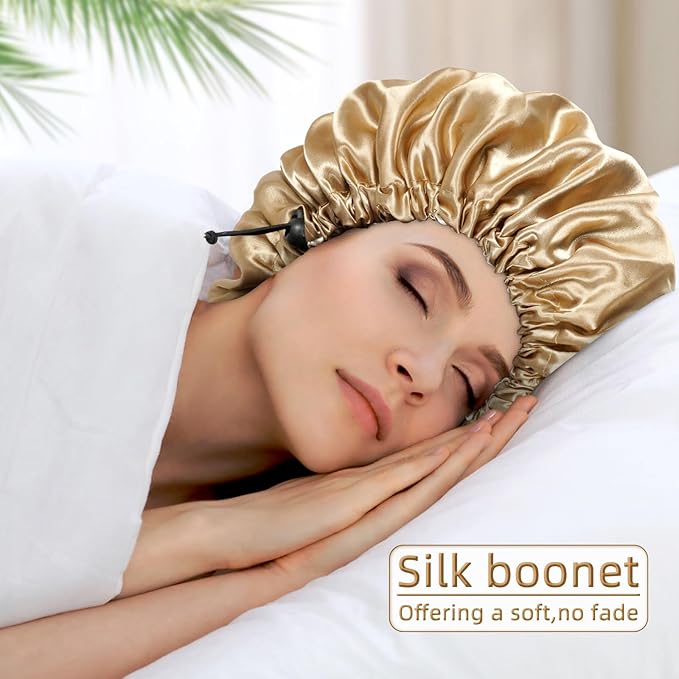 Edoneery Satin Silk Bonnet For Curly Hair Bonnet Braid Bonnet For Sleeping Bonnets For Women Large Double-layer Adjustable, Khaki