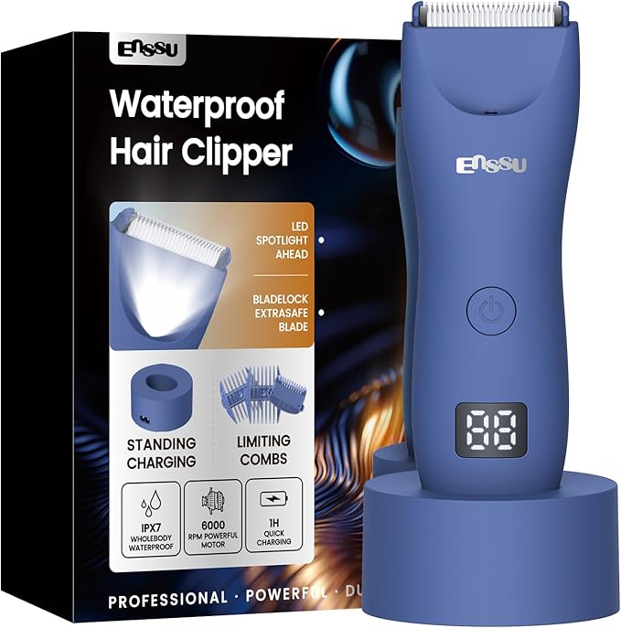 ENSSU Manscape Trimmer for Men, IPX7 Waterproof Body Hair Trimmer with Ceramic Blade & Spotlight, Rechargeable Electric Groin & Pubic Hair Trimmer, Wet or Dry Use Body Groomer for Legs/Chest