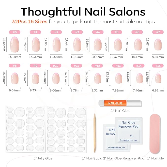 Modelones French Tip Press on Nails Short, Oval Valentines Fake Nails, Reusable Nail Kit with Nail Glue Adhesive Tabs Mini Nail File, Nails Press Ons 32Pcs 16Sizes, Women Girl Gift, Pink