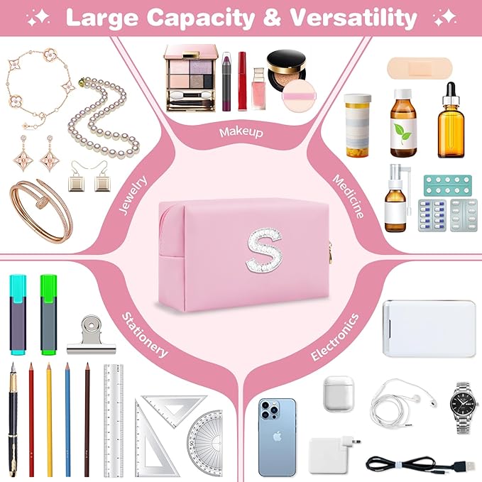 ChaoGreat Bride Gifts – Personalized Initial Makeup Bag with Pearl Rhinestone Patch, Preppy Pink Monogram Cosmetic/Toiletry Pouch, bridesmaid Gifts, Bridal Shower Gifts, Wedding Gifts, Bridal Gifts,S