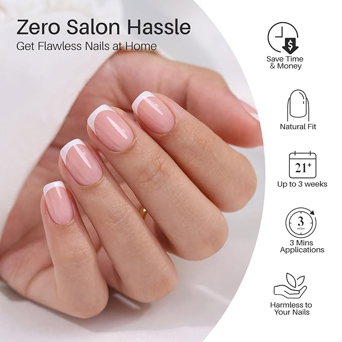 SHANGMENG White French Tip Press on Nails - Soft Gel Square Nails Short for Women Gift, Fit Perfectly & Natural Stick on Nails with Glue in 16 Sizes - 32 Reusable Fake Nails, White French