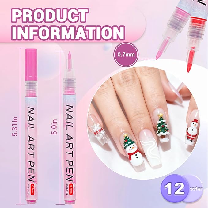 MKNZOME Nail Art Pens Set, 12 Color 0.7 MM Nail Art Markers Nail Polish Pens Drawing Painting Point Liner Painted Kit, Waterproof and Quick-drying Nail for DIY Design Manicure Tools