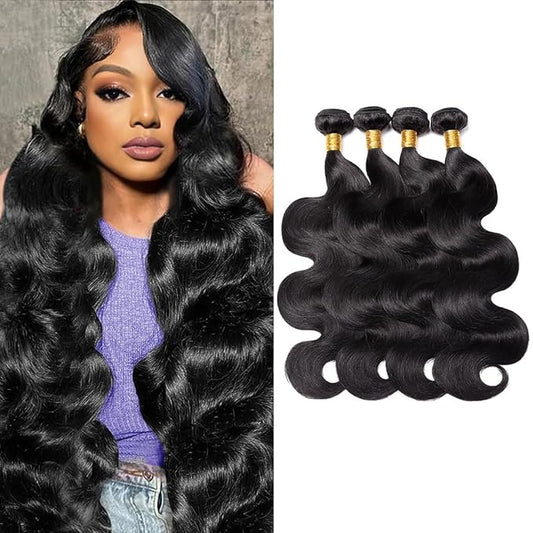 12A Human Hair Bundles 22 24 26 28 Inches Body Wave Bundles Human Hair 100% Unprocessed Brazilian Virgin 4 Bundles Human Hair Extensions Quick Weave Natural Black