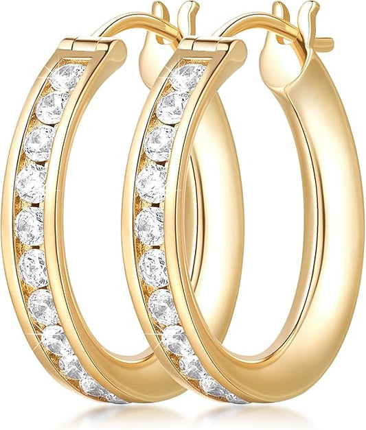 Fanglcy Gold Hoop Earrings 14K Gold Hoop Earrings for Women Comfortable Womens Earring Radiant Cubic Zirconia Hypoallergenic Lightweight Hoops Earring for Women 20mm