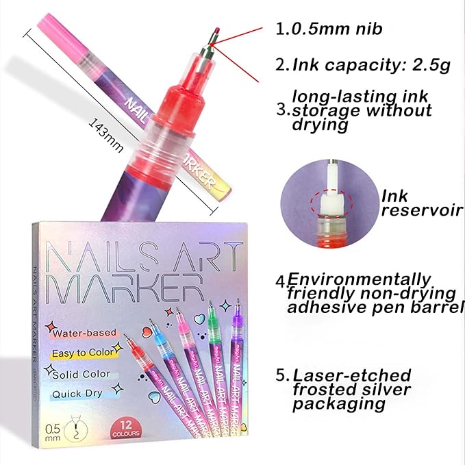 12 Colors Nail Art Pen Set,Nail Polish Pens Quick-Drying for Painting Nails,3D Acrylic Art Tools Dotting Liner Brush,Nails DIY Tools Beginners Christmas Gifts