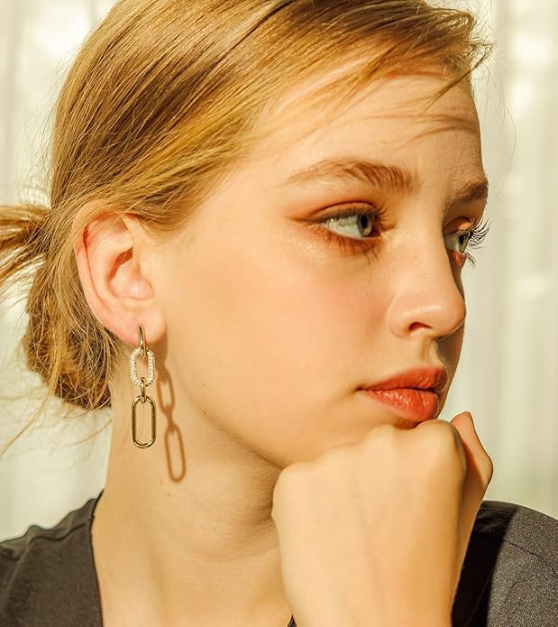OZEL 14K Gold & Silver Plated Paperclip Chain Earrings with Cubic Zirconia – Dangle, Hoop, Huggie, Stud Styles – Women’s Fashion Jewelry Gift