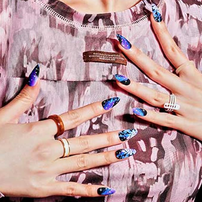 GLAMERMAID Ombre Press on Nails Medium Almond, Black Purple Gothic Fake Crush Nails, Stiletto Fake Nails, Short Oval Stick Glue on Nails Tips for Women, Reusable Acrylic False Nail Kits
