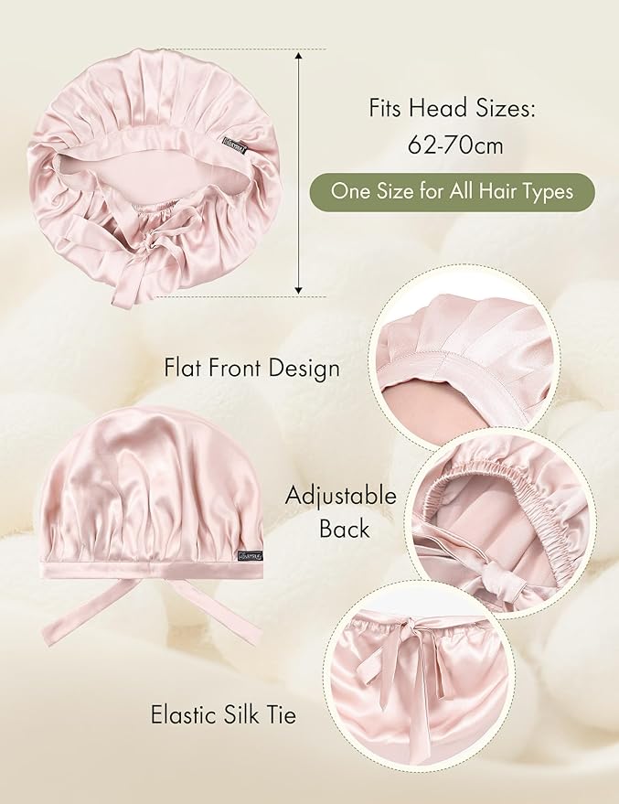 LilySilk 100% Mulberry Silk Bonnet Flat Front Silk Night Sleep Cap Adjustable Hair Wrap for Sleeping, Light Beige